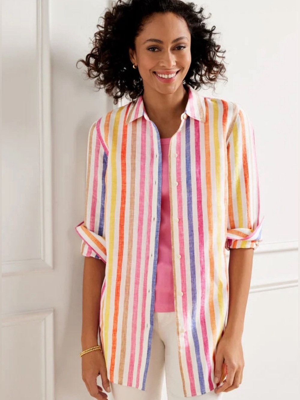 Talbots 100% Linen Rainbow Rockport Stripe Button Down Boyfriend Shirt Classic